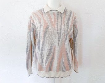 80s Abstract Collared Pullover Sweater in Cream Pink Gray | Medium/Large/Extra Large