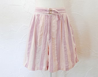 80s Belted Pink Purple Cotton Striped High Waisted Shorts | Small/Medium/28" Waist