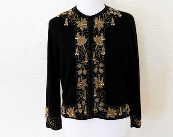 60s Gold Floral Tassel Beaded Lambswool Sweater Cardigan Hong Kong | Large