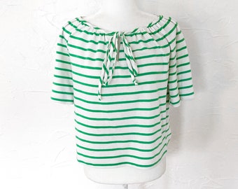 70s/80s White and Green Striped Boatneck Tee with Keyhole Tie | Large/Extra Large