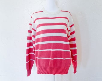 90s White and Pink Striped Pullover Crewneck Sweater | Large/Extra Large