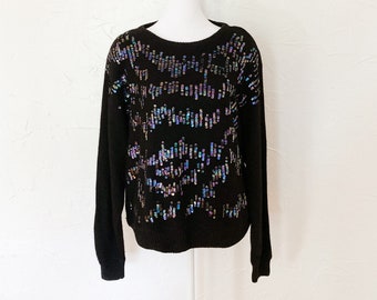 80s Iridescent Sequined Embellished Glam Black Silk Long Sleeve Silk Angora Sweater | Large/Extra Large