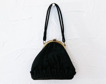 50s Ruffled Black Rayon and Gold Clasp Handbag Purse