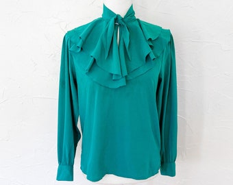 80s Ruffled Pussybow Collared Silky Long Sleeve Turquoise Blouse | Medium