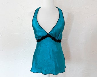 Y2K 2000s Textured Turquoise Satin and Black Lace Halter Top | Medium