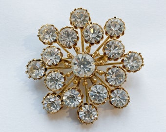 50s Glam Clear Rhinestone Sunburst/Snowflake Brooch Pin