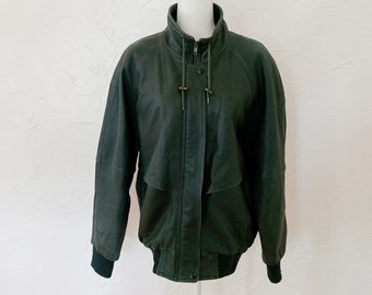 80s Dark Forest Green Genuine Leather Paneled Jacket | Large/Extra Large