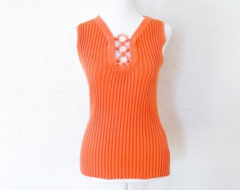 Y2k Orange Clear O-Ring Ribbed Sleeveless Knit Top | Small/Medium/Large