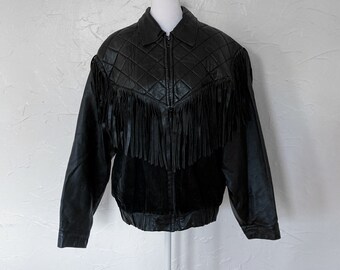 80s/90s Black Leather Suede Fringed Quilted Dolman Sleeve Jacket | Large/Extra Large