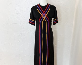 70s Amazing Black Disco Ribbon Streamer Maxi Dress | Small/Medium