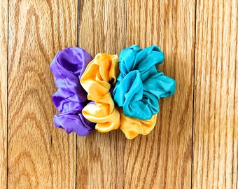 90s Set of 3 Satin Handmade Scrunchies in Yellow Purple and Green