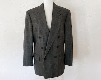 80s/90s Evan Picone Gray Plaid Tailored Double Breasted Suit Blazer | Large/Extra Large