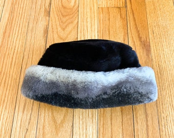 80s Black and Gray Faux Fur Folded Cuff Hat | One Size