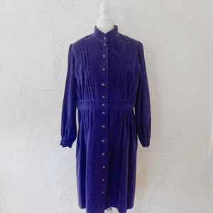 70s/80s Blue Corduroy Wide Wale Mock Neck Gold Button Shirt Dress | Large