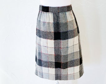 80s Rainbow Grid Cream Black Gray Plaid Wool Knee Length Skirt | Small/Medium/28" 29" Waist