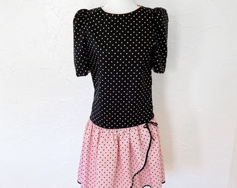 80s Two Toned Black and Light Pink Polka Dot Puff Sleeve Party Dress | Small/Medium