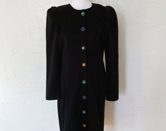 80s Multicolored Rainbow Glass Button Down Black Knit Midi Dress | Medium/Large