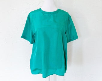 90s Silk Turquoise Short Sleeve Minimal Blouse | Medium/Large