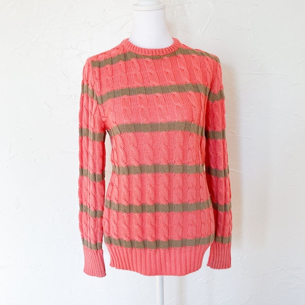 80s Designer Oscar de la Renta Coral Pink and Tan Striped Cable Knit Pullover Sweater | Medium/Large
