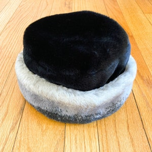 80s Black and Gray Faux Fur Folded Cuff Hat One Size image 2