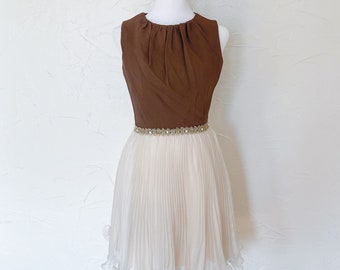 60s Chocolate Brown and Cream Chiffon Party Dress with Sparkly Tinsel Banded Waist | Extra Small/Small