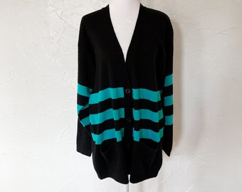 80s Black Turquoise Striped Knit Sweater Cardigan with Front Pockets | Small/Medium/Large/Extra Large