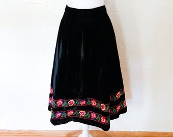 40s/50s Black Silk Velvet A-Line Skirt with Embroidered Floral Ribbon | Medium/ 29" 30" Waist