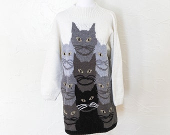 80s Amazing Cat Hand Knit Sweater with Tails on Back in White Black Gray Metallic Gold | Large/Extra Large