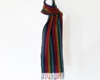 90s Rainbow and Charcoal Gray Grid Patterned Woven Fringe Scarf