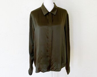 90s Pure Silk Liquid Satin Dark Olive Green Button Up Blouse | Medium/Large