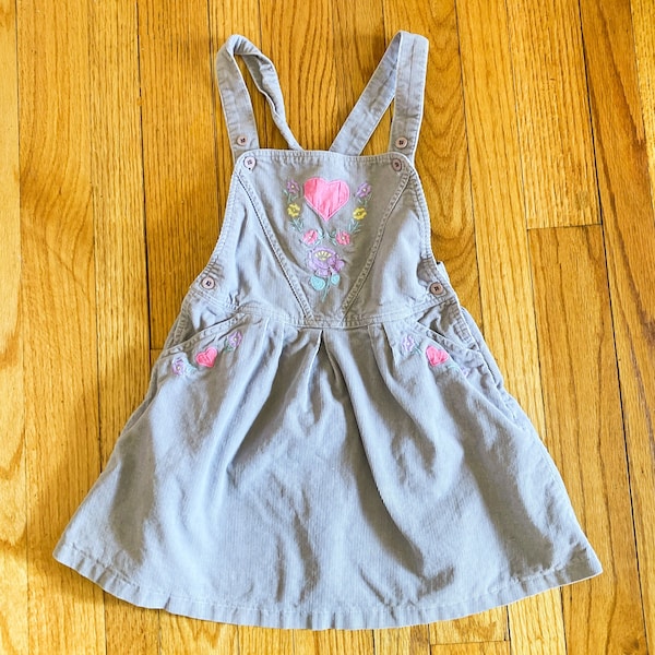 90s Kids Gray Corduroy Pastel Floral Heart Overall Jumper Dress | Kids Size 6X