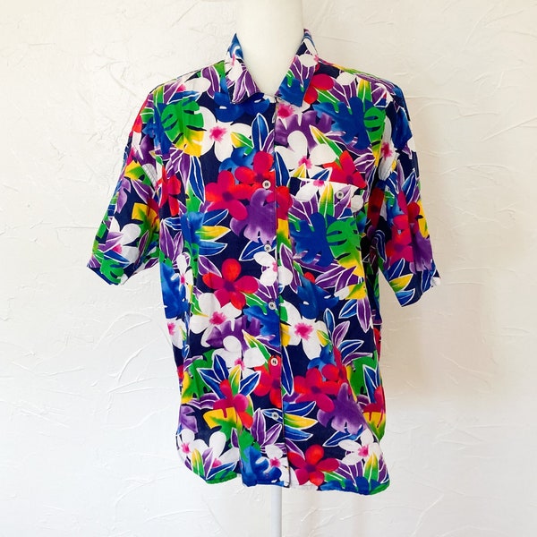 90s Cotton Liz Claiborne Bright Hawaiian Loop Collar Button Up Short Sleeve Shirt | Large/Extra Large