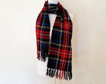 80s Primary Colors and Black Plaid Fringed Fall Winter Scarf