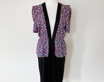 80s Abstract Floral Confetti Print Puff Sleeve Peplum Midi Dress | Medium
