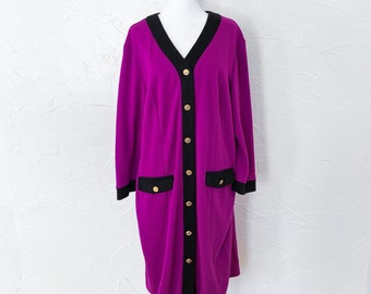 80s Knit Two Toned Colorblock Black and Bright Fuchsia Gold Button Down Dress | 2X/XXL