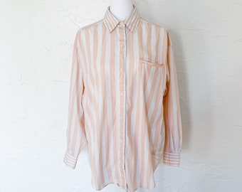 80s Cotton Striped Light Pink and White Button Down Shirt | Large/Extra Large