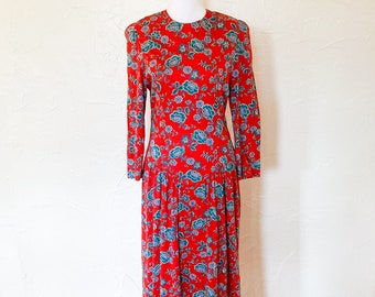 80s Red Provencal Floral Basque Waist Romantic Puff Sleeve Midi Dress | Small/Medium