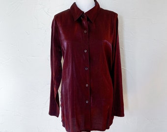 90s Iridescent Burgundy Red Metallic Shiny Button Up Blouse | Large
