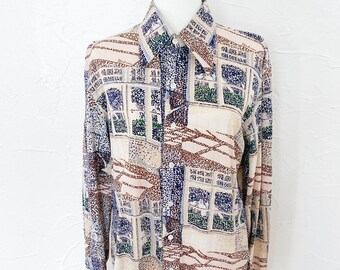 70s Pointillism Cream Earth Toned Novelty Print Cotton Disco Shirt | Extra Large/2X