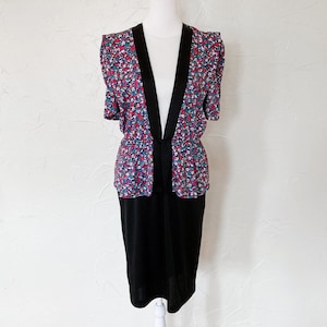80s Abstract Floral Confetti Print Puff Sleeve Peplum Midi Dress | Medium