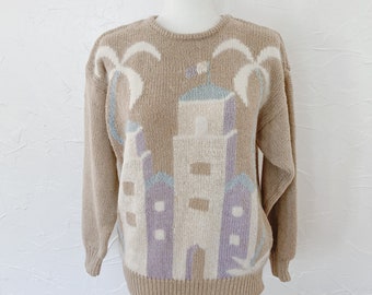 80er Jahre Original Strickpullover Pullover Gebäude Palmen Pastell Ramie Baumwolle Angora | Mittel / groß / extra groß