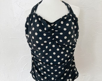 80s Black and Cream Polka Dot Halter One Piece Swimsuit | Extra Large