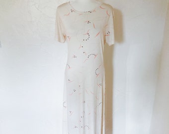 70s Cream Pink and Black Abstract Print Jersey T-Shirt Dress | Medium