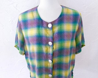 80s Sheer Chiffon Plaid Blouse with Buttons | Large/Extra Large