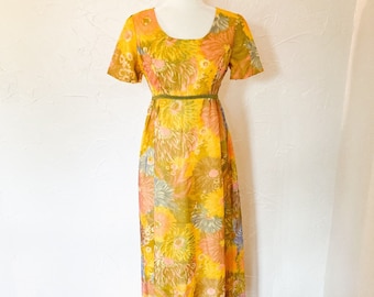 60s Golden Daisy Empire Waist Chiffon Dress | Small