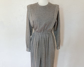 70s/80s Gray and Black Abstract Grid and Striped Knit Dress | Medium/Large