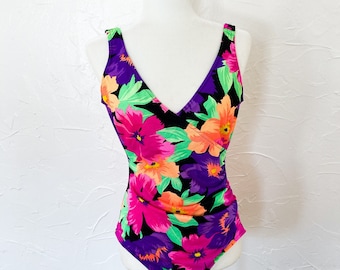 80s Neon and Black Floral Faux Wrap One Piece Swimsuit | Medium/Large