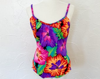 80s Bright Tropical Floral and Black Scoop Back One Piece Swimsuit | Medium/Large