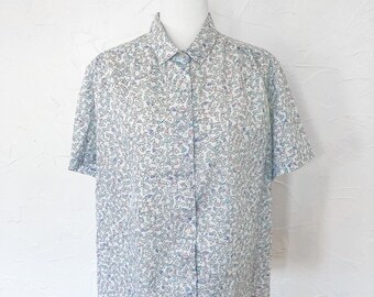 80s White and Pastel Confetti Print Button Up Shirt | Large/Extra Large
