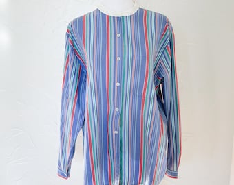 80s Vertical Candy Striped Blue Red Green Button Up Shirt with White Band Collar | Large/Extra Large
